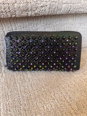 Christian Louboutin Panettone Black Studded Zip Wallet with Iridescent Accents